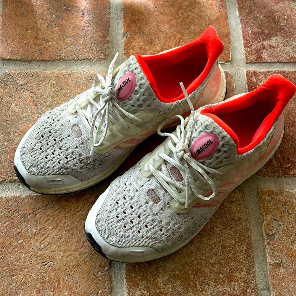 Adidas Ultraboost DNA Climacool Shoes in Cloud White / Beam Pink / Solar Red